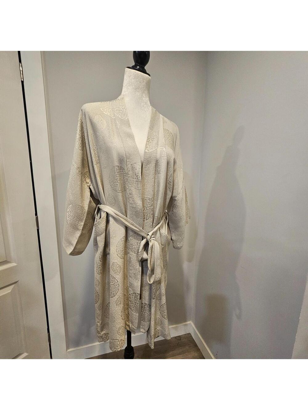 Vintage Asian Silk Blend Kimono Robe READ No Sz Tag Beige Mushroom ColorJacquard